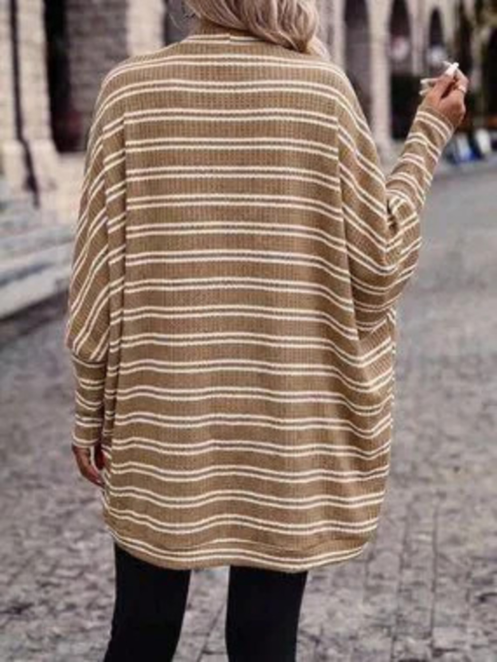 ZARA Brown Casual Women's Color-Block Striped Batwing Sleeve Jacket